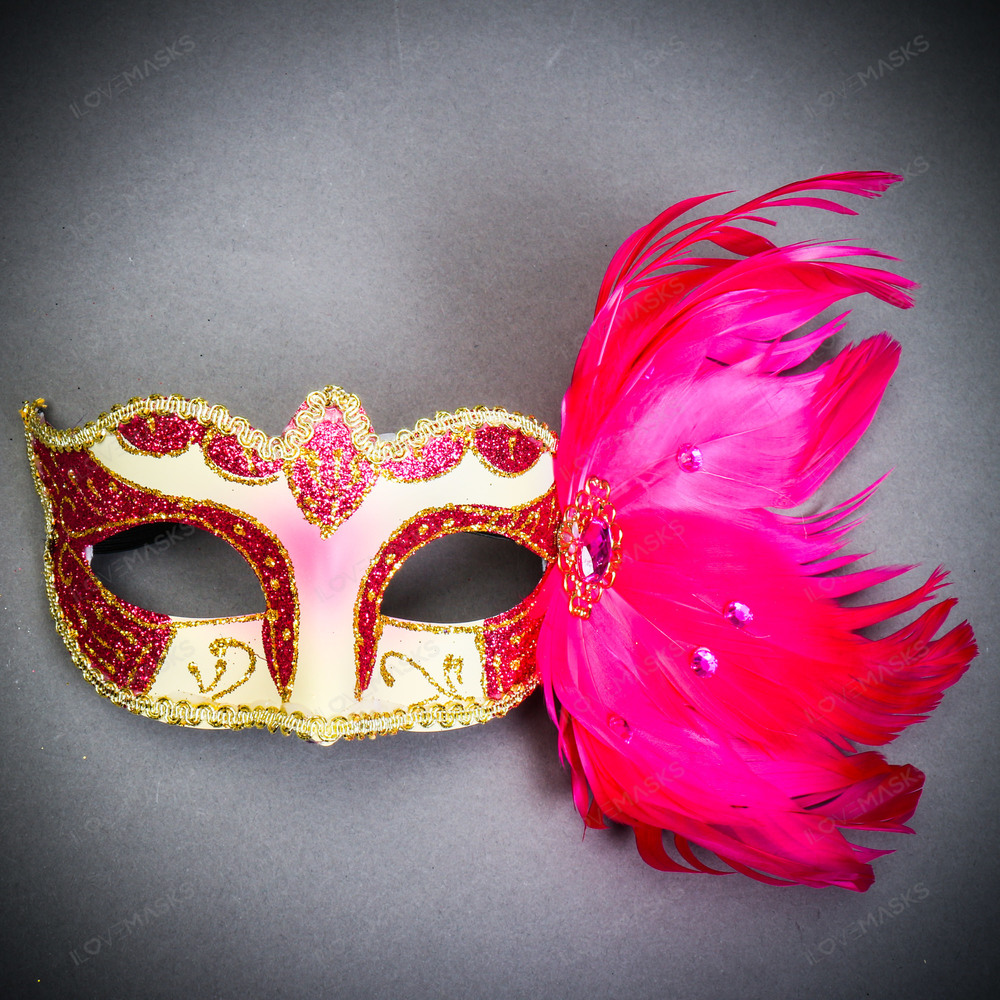 Venetian Pink Side Feather Glitter Ivory Women Eyes Mask - Masquerade Prom Mask